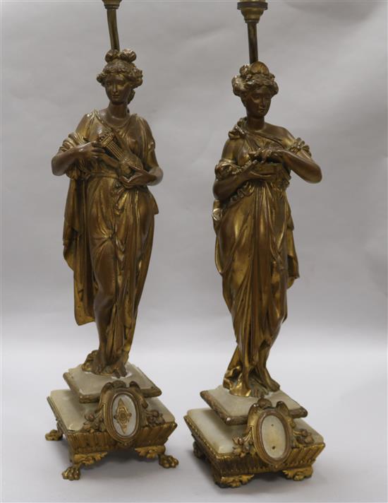 A pair of gilt spelter figural lamp bases height 54cm